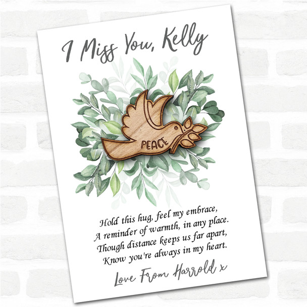 Dove A Branch Green Leaves I Miss You Personalised Gift Pocket Hug