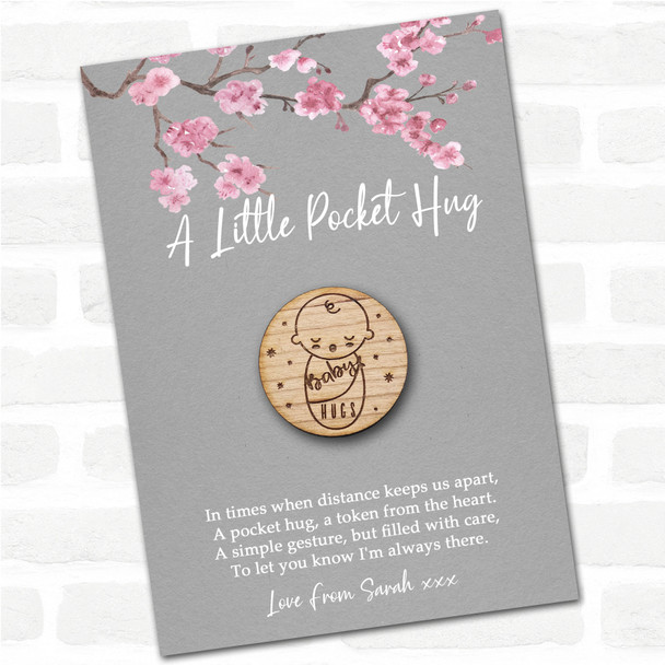 Sleeping Baby and Stars Grey Pink Blossom Personalised Gift Pocket Hug