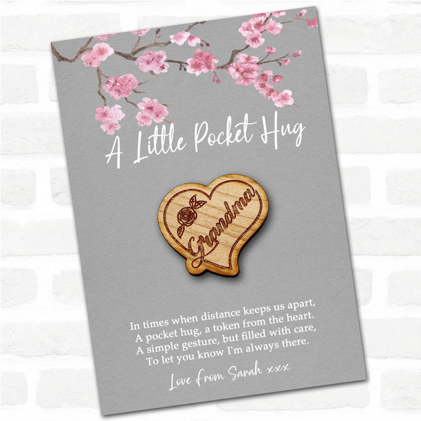 Grandma Heart and Rose Grey Pink Blossom Personalised Gift Pocket Hug