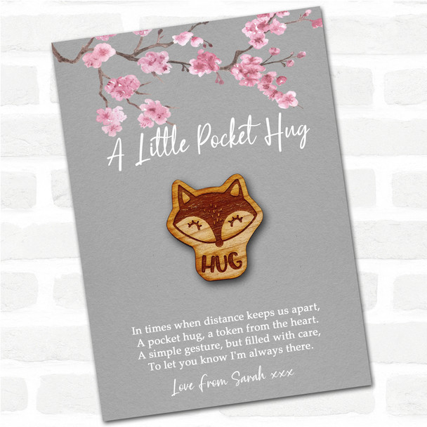 Sleepy Fox Grey Pink Blossom Personalised Gift Pocket Hug