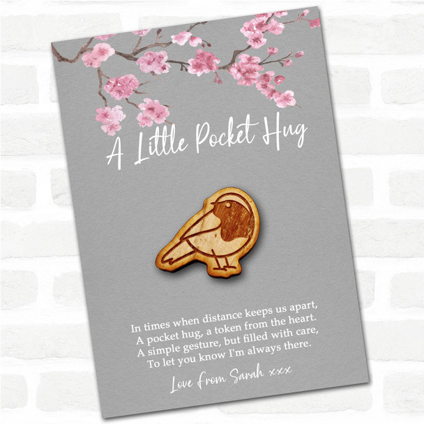 Cute Robin Looking Back Grey Pink Blossom Personalised Gift Pocket Hug