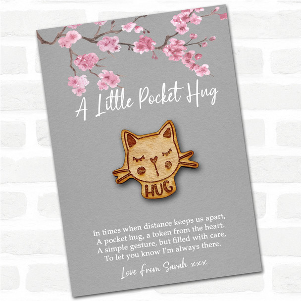 Cat Grey Pink Blossom Personalised Gift Pocket Hug