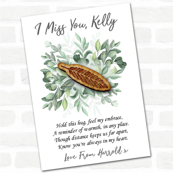 Feather Green Leaves I Miss You Personalised Gift Pocket Hug