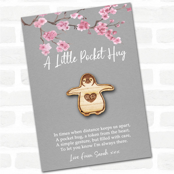 Waddle Penguin Heart Grey Pink Blossom Personalised Gift Pocket Hug