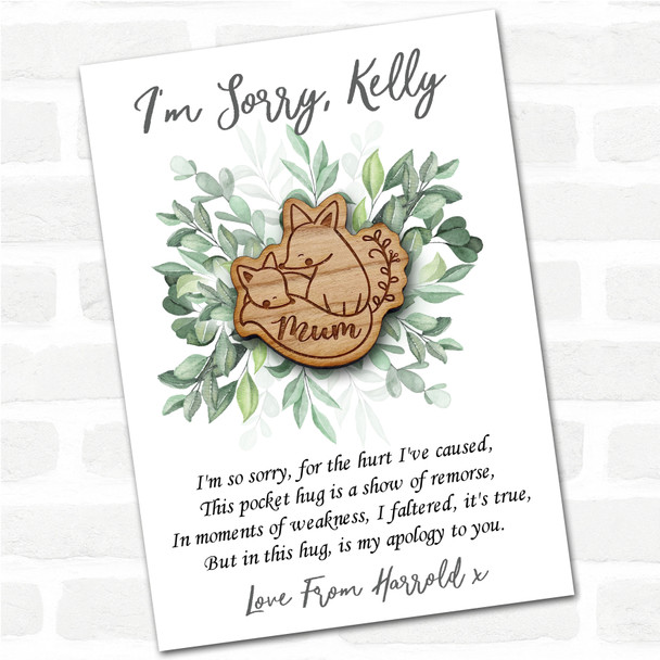 Fox Parent & Sleepy Cub Leaves I'm Sorry Apology Personalised Gift Pocket Hug