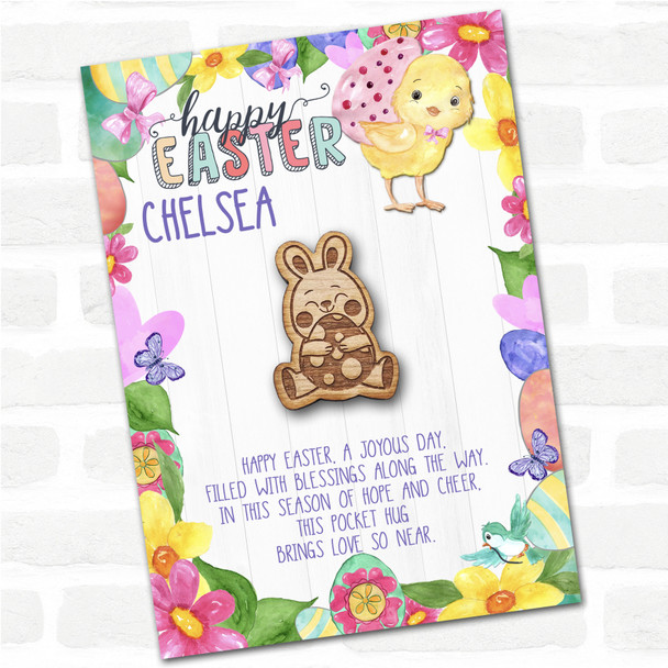 Bunny Holding Spotty Egg Happy Easter Chick Personalised Gift Pocket Hug