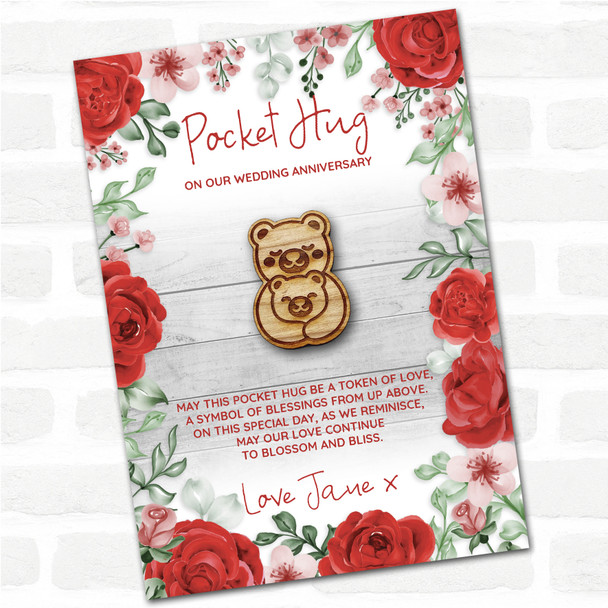 Parent and Baby Bear Roses Wedding Anniversary Personalised Gift Pocket Hug