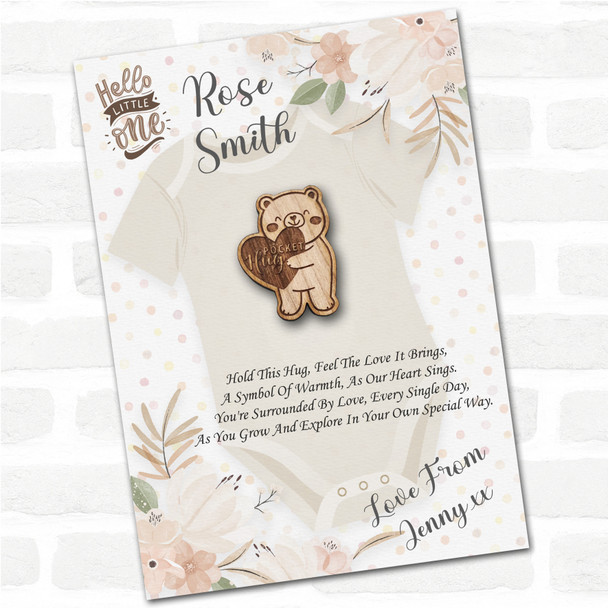 Teddy Bear Heart Hello Little One New Baby Personalised Gift Pocket Hug