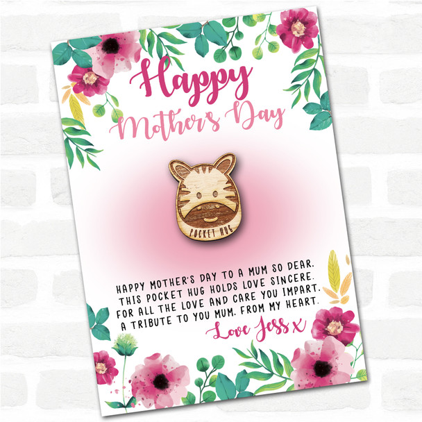 Smiling Zebra Pink Floral Happy Mother's Day Personalised Gift Pocket Hug