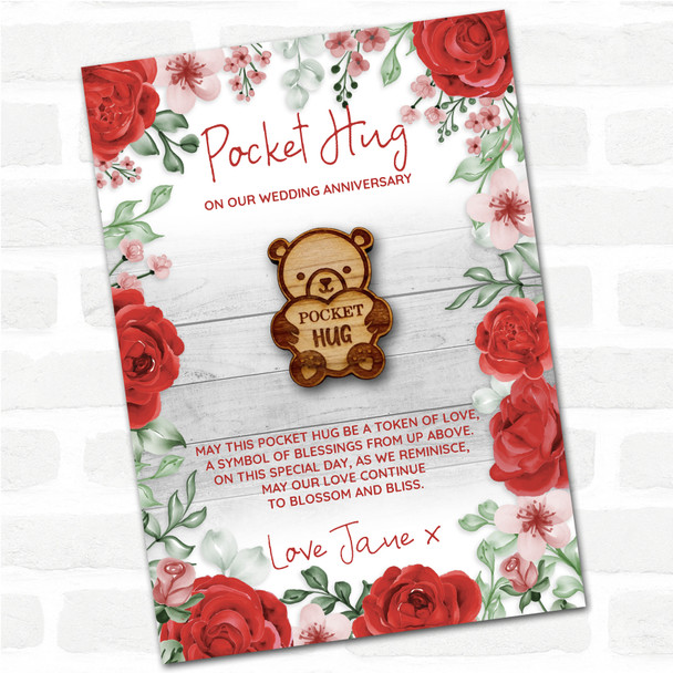 Teddy Bear Holding Heart Roses Wedding Anniversary Personalised Gift Pocket Hug