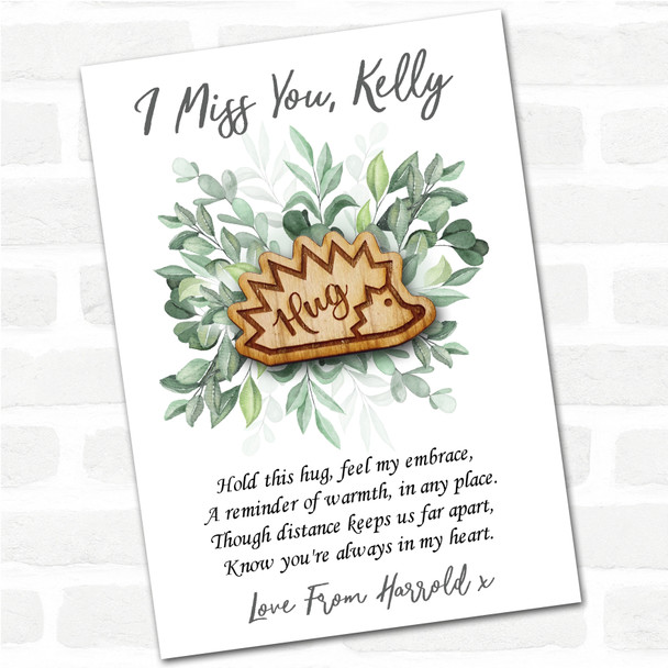 Hedgehog From Side Green Leaves I Miss You Personalised Gift Pocket Hug