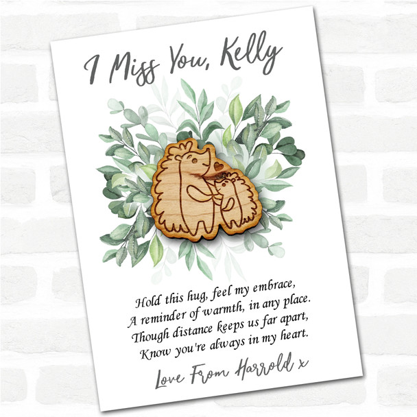 Hedgehog Parent & Child Green Leaves I Miss You Personalised Gift Pocket Hug