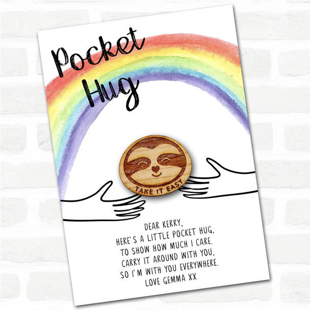 Smiling Sloth Heart Nose Rainbow Personalised Gift Pocket Hug