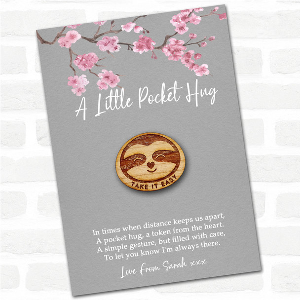Smiling Sloth Heart Nose Grey Pink Blossom Personalised Gift Pocket Hug