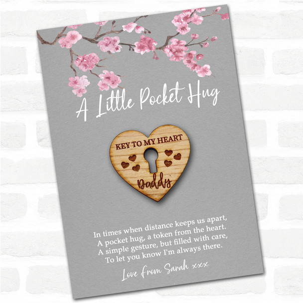 Keyhole and Hearts Daddy Grey Pink Blossom Personalised Gift Pocket Hug