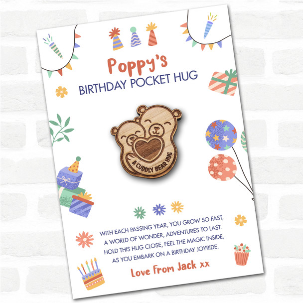 2 Bears Cuddling Kid's Birthday Hats Cakes Personalised Gift Pocket Hug