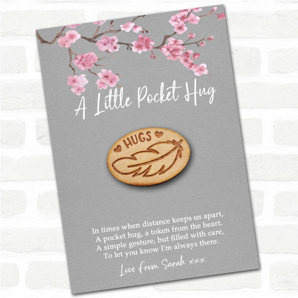 Feather and Hearts Grey Pink Blossom Personalised Gift Pocket Hug