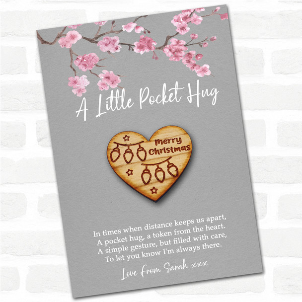 String Lights In A Heart Grey Pink Blossom Personalised Gift Pocket Hug