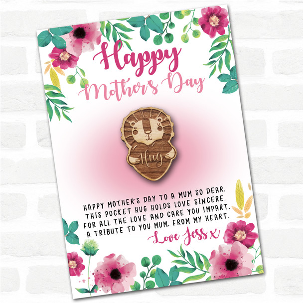Lion And love Heart Pink Floral Happy Mother's Day Personalised Gift Pocket Hug