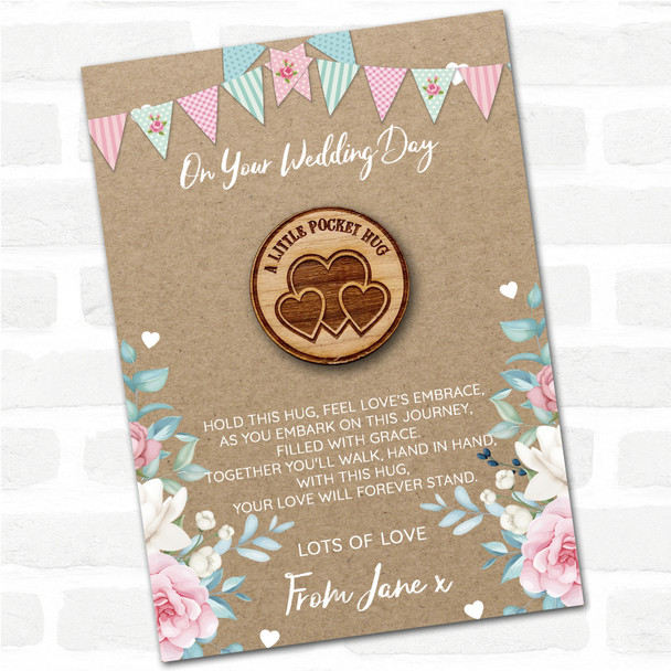 Circle Three Hearts Burlap On Your Wedding Day Personalised Gift Pocket Hug