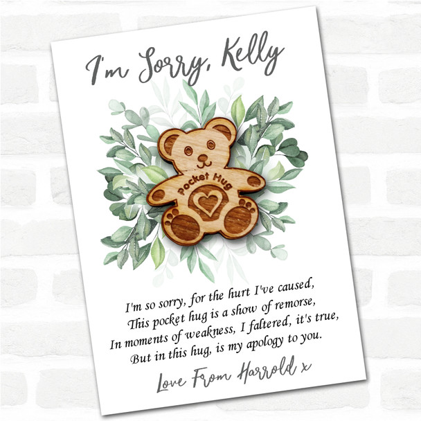 Teddy Bear Leaves I'm Sorry Apology Personalised Gift Pocket Hug