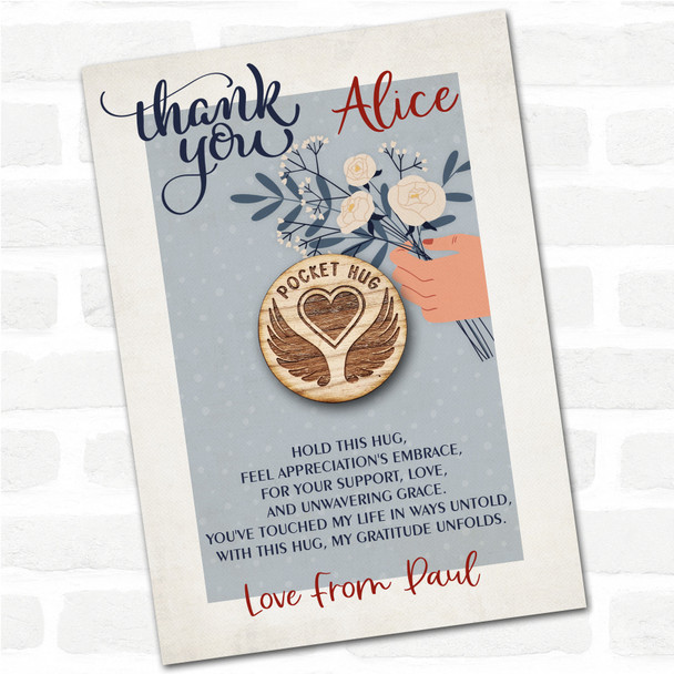 Angel Wings Round A Heart Blue Flowers Thank You Personalised Gift Pocket Hug