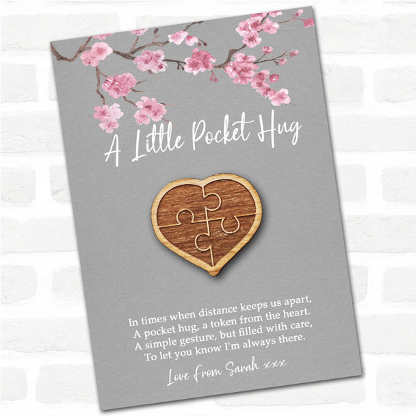 4 Piece Puzzle Heart Grey Pink Blossom Personalised Gift Pocket Hug
