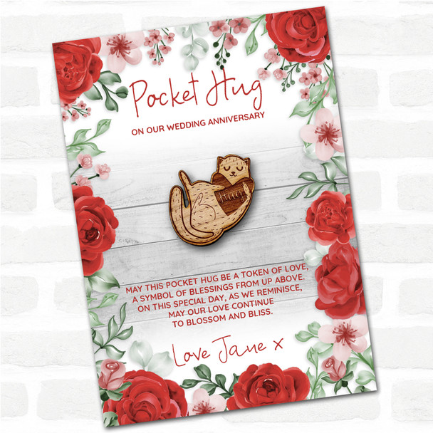 Cat Cuddling Love Heart Roses Wedding Anniversary Personalised Gift Pocket Hug