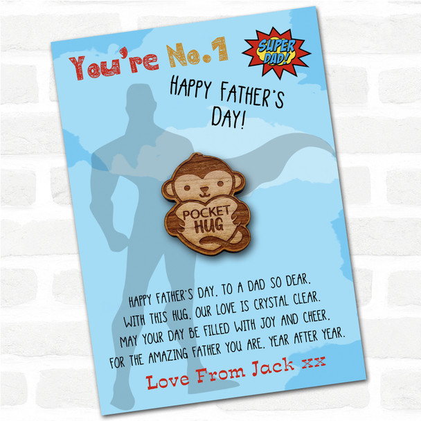 Monkey Heart Superhero Dad Father's Day Personalised Gift Pocket Hug