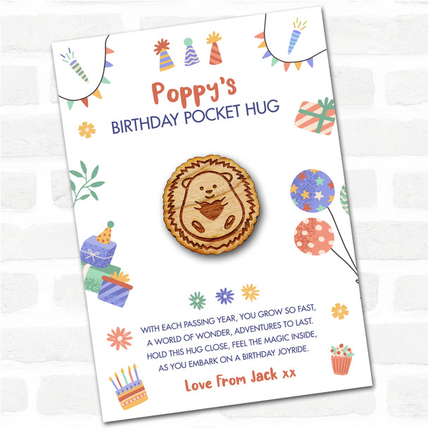 Hedgehog Hugging Heart Kid's Birthday Hats Cakes Personalised Gift Pocket Hug