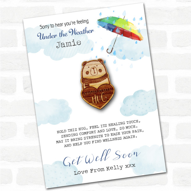 Cute Bear Wearing Scarf Umbrella Get Well Soon Personalised Gift Pocket Hug