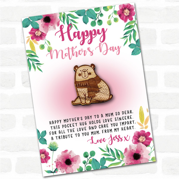 Sweet Winter Bear Pink Floral Happy Mother's Day Personalised Gift Pocket Hug