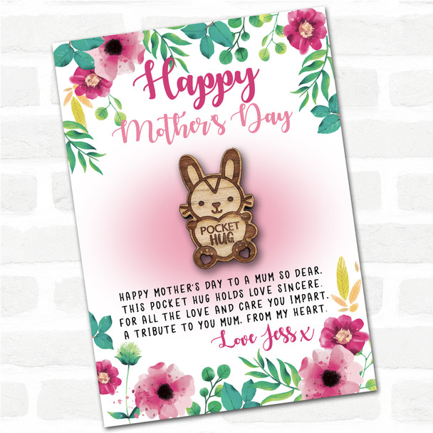Bunny Rabbit Heart Pink Floral Happy Mother's Day Personalised Gift Pocket Hug