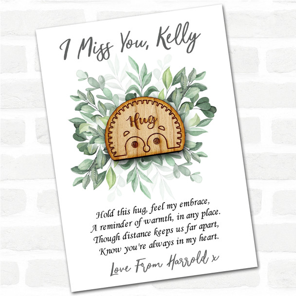 Cute Hedgehog Face Green Leaves I Miss You Personalised Gift Pocket Hug