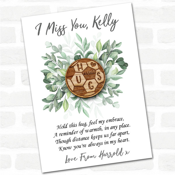 Football Green Leaves I Miss You Personalised Gift Pocket Hug