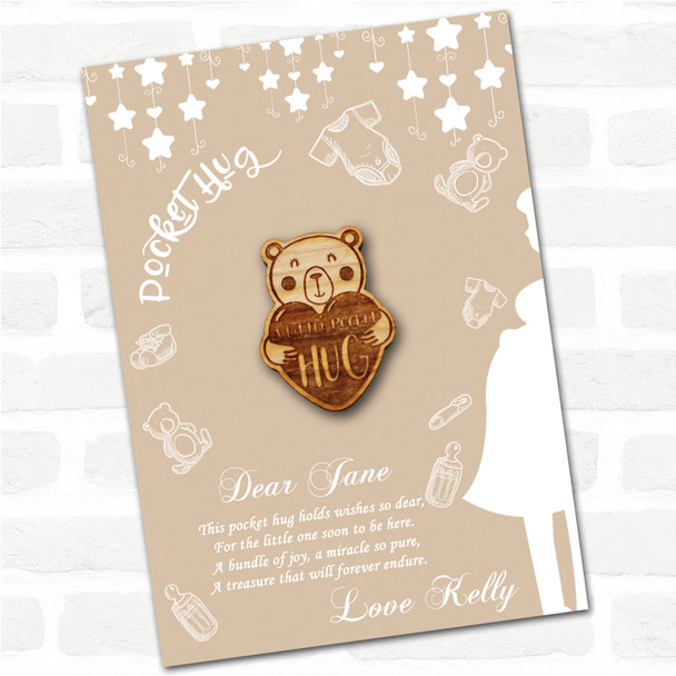 Love Heart Teddy Bear Neutral Baby Shower Personalised Gift Pocket Hug