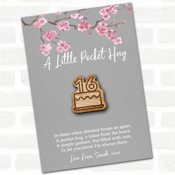 Cake 16 Candles Birthday Grey Pink Blossom Personalised Gift Pocket Hug