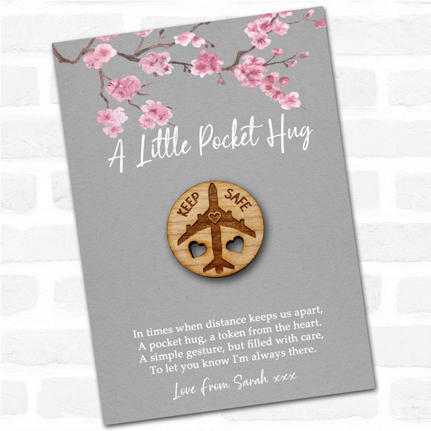 Plane & Hearts Grey Pink Blossom Personalised Gift Pocket Hug