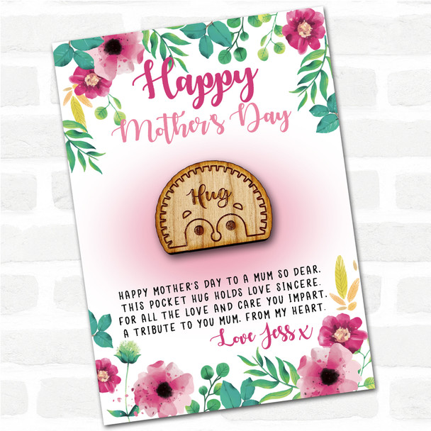 Cute Hedgehog Face Pink Floral Happy Mother's Day Personalised Gift Pocket Hug