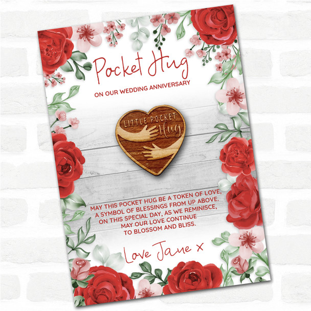 Heart And Cuddled Arms Roses Wedding Anniversary Personalised Gift Pocket Hug