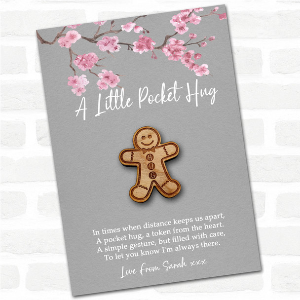 Gingerbread Man Bow Grey Pink Blossom Personalised Gift Pocket Hug