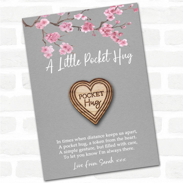 Hearts Pattern Grey Pink Blossom Personalised Gift Pocket Hug