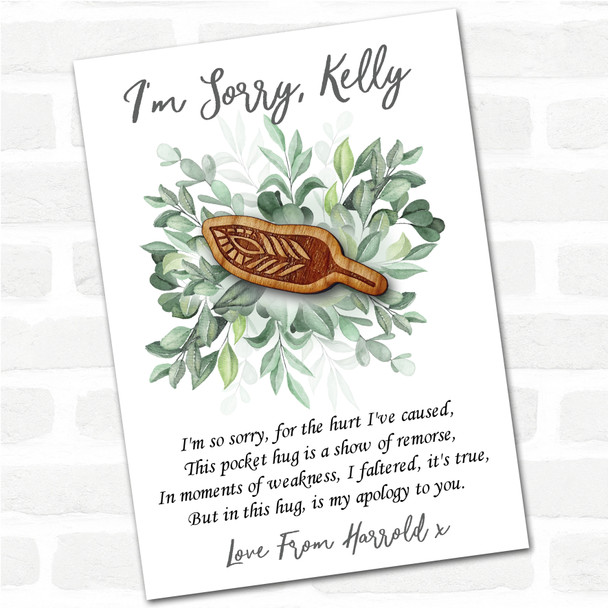 Peacock Feather Leaves I'm Sorry Apology Personalised Gift Pocket Hug