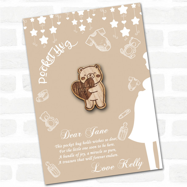 Teddy Bear Heart Neutral Baby Shower Personalised Gift Pocket Hug