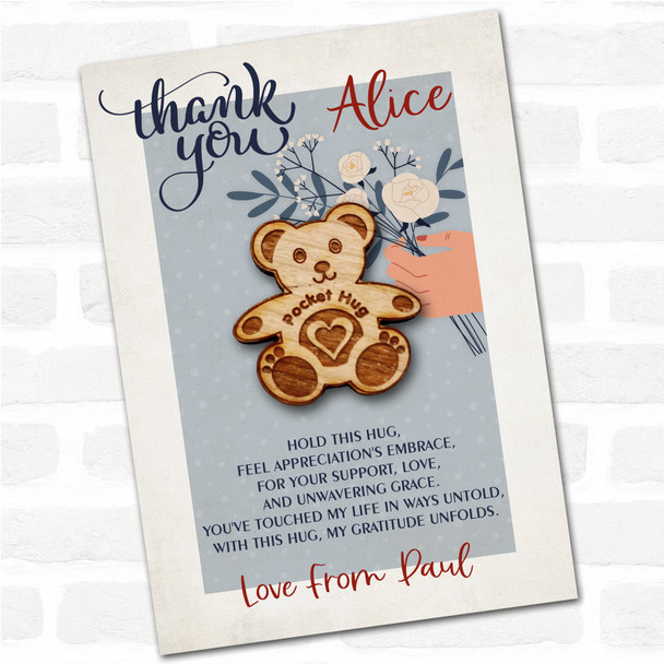 Teddy Bear Blue Flowers Thank You Personalised Gift Pocket Hug