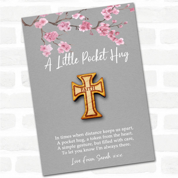 Cross Grey Pink Blossom Personalised Gift Pocket Hug