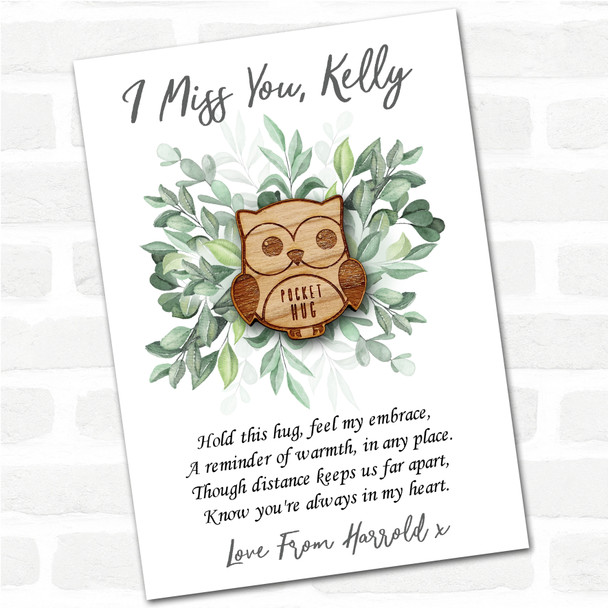 Big Eyed Owl Green Leaves I Miss You Personalised Gift Pocket Hug