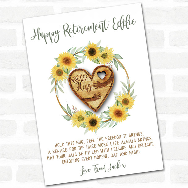 Cuddling Arms In Heart Happy Retirement Sunflower Personalised Gift Pocket Hug