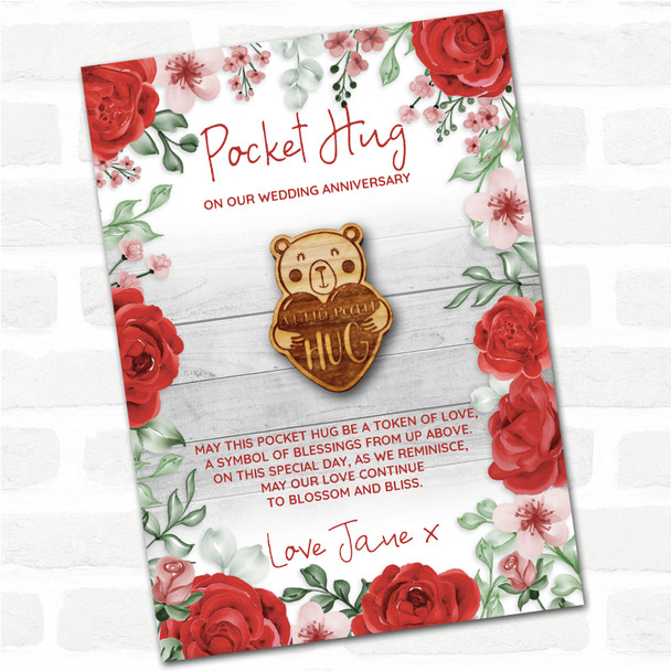 Love Heart Teddy Bear Roses Wedding Anniversary Personalised Gift Pocket Hug