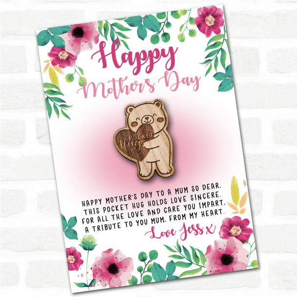 Teddy Bear Heart Pink Floral Happy Mother's Day Personalised Gift Pocket Hug